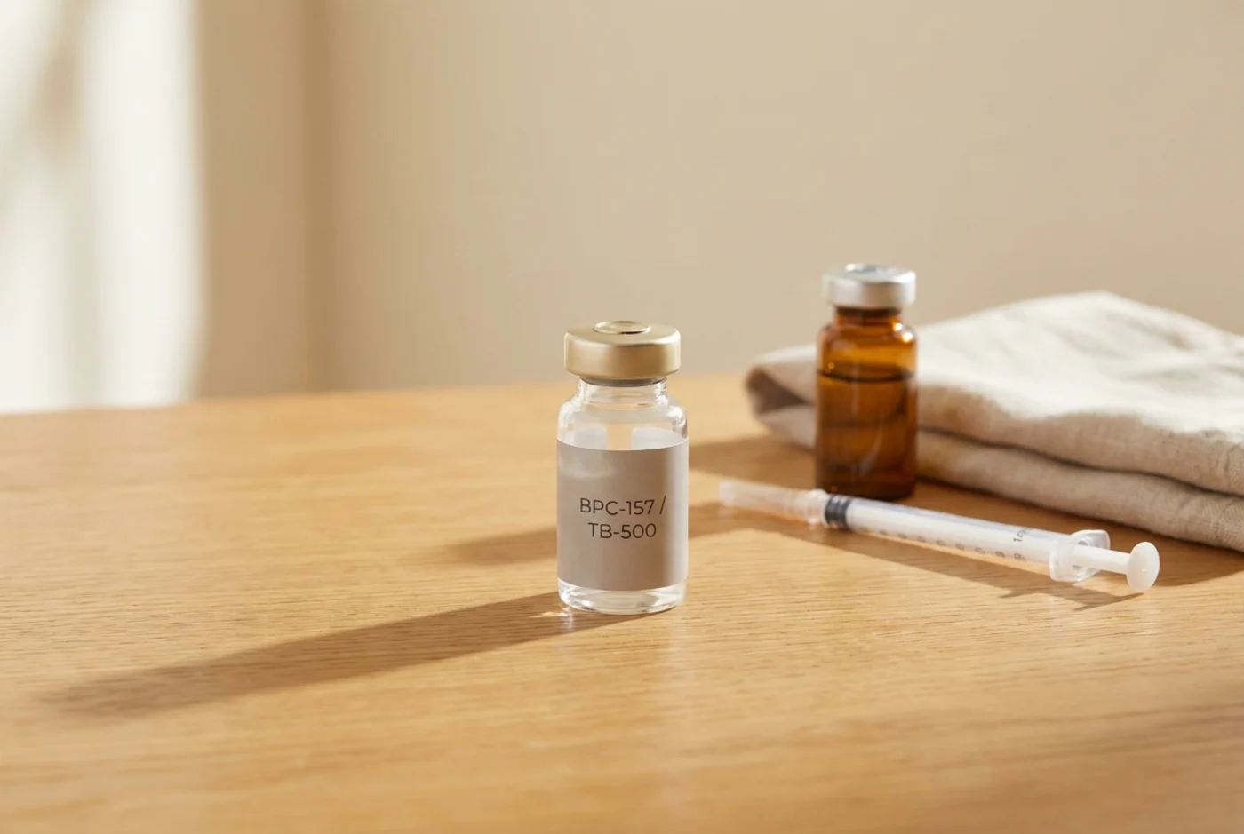 Illustrative vial, bacteriostatic water, and syringe flatlay