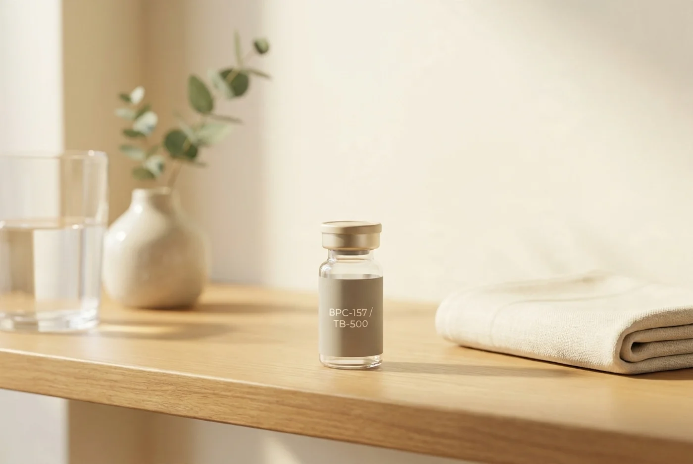 Compounded peptide vials arranged on a warm clinical shelf