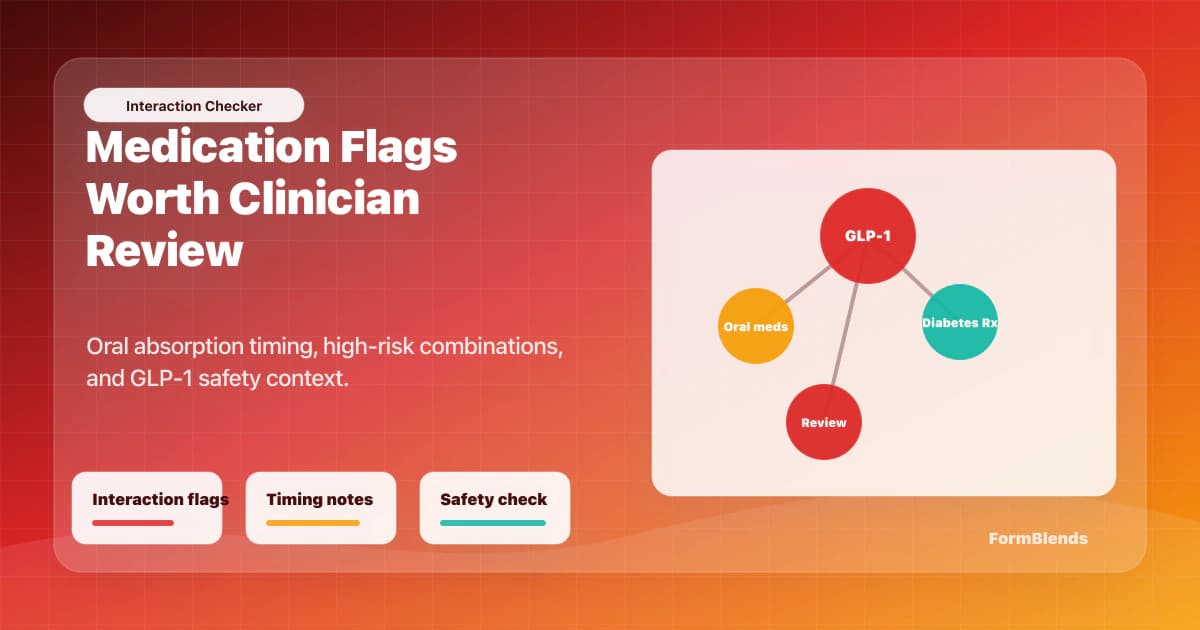 GLP-1 drug interaction checker network Drug interaction checker network showing GLP-1 medication flags, oral absorption timing, and clinician review points