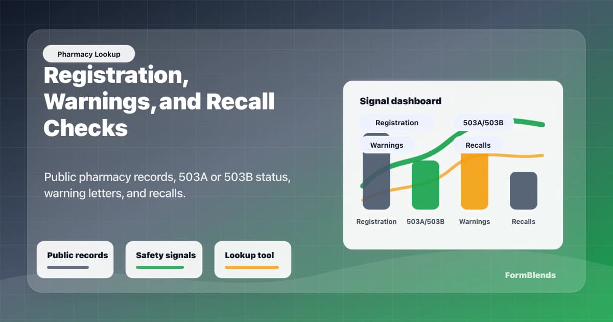 Compounding pharmacy safety lookup dashboard Pharmacy safety lookup dashboard showing registration, 503A or 503B status, warning letters, and recall checks