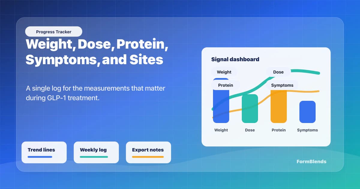 GLP-1 progress tracker dashboard GLP-1 progress tracker dashboard showing weight, dose, protein, symptoms, injection sites, and trend lines