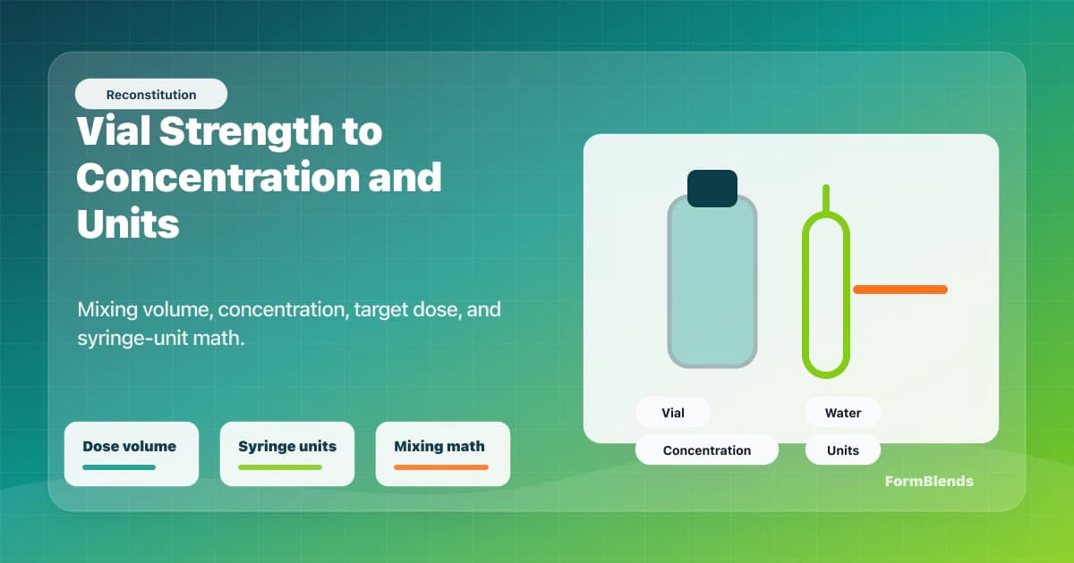Peptide reconstitution calculator diagram Peptide reconstitution calculator diagram showing vial strength, bacteriostatic water, concentration, and syringe units