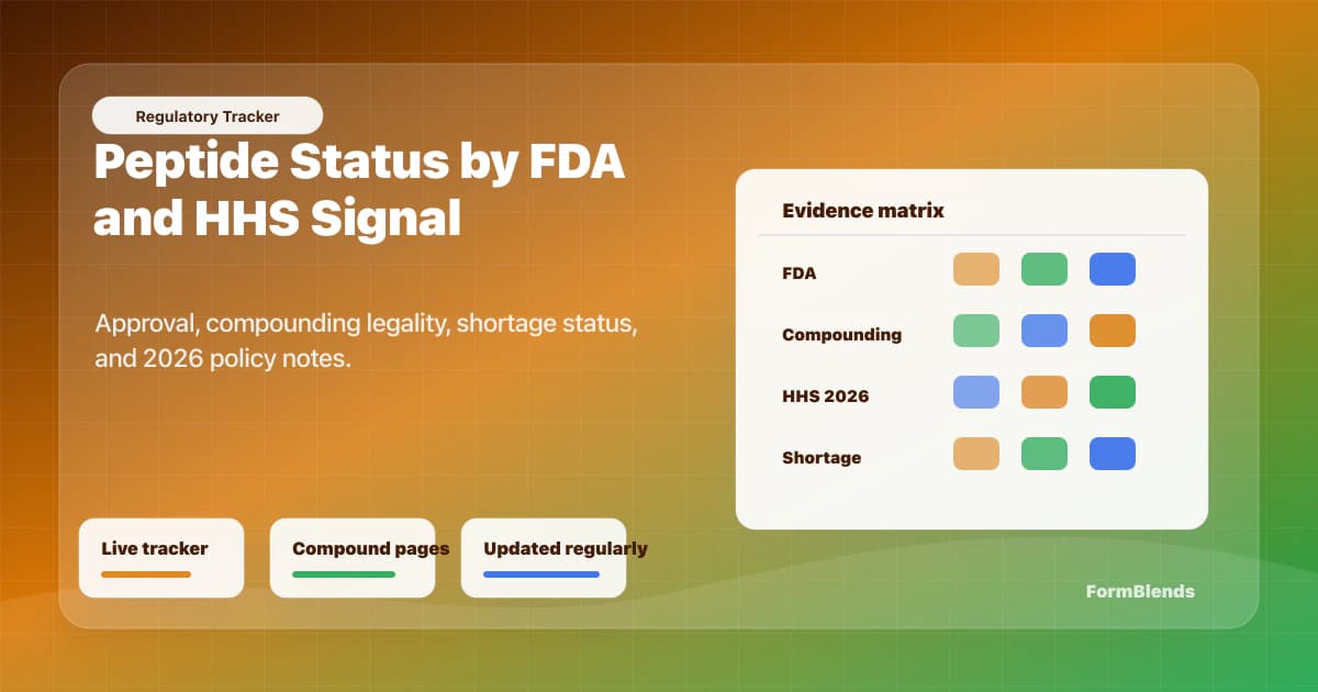 Peptide regulatory status tracker matrix Peptide regulatory status tracker with FDA approval, compounding legality, HHS review, and shortage status columns
