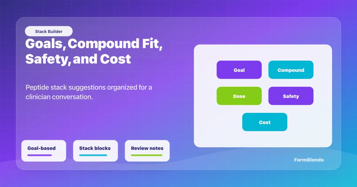 Peptide stack builder goal blocks Peptide stack builder blocks showing goals, compound fit, dosing overview, safety notes, and monthly cost