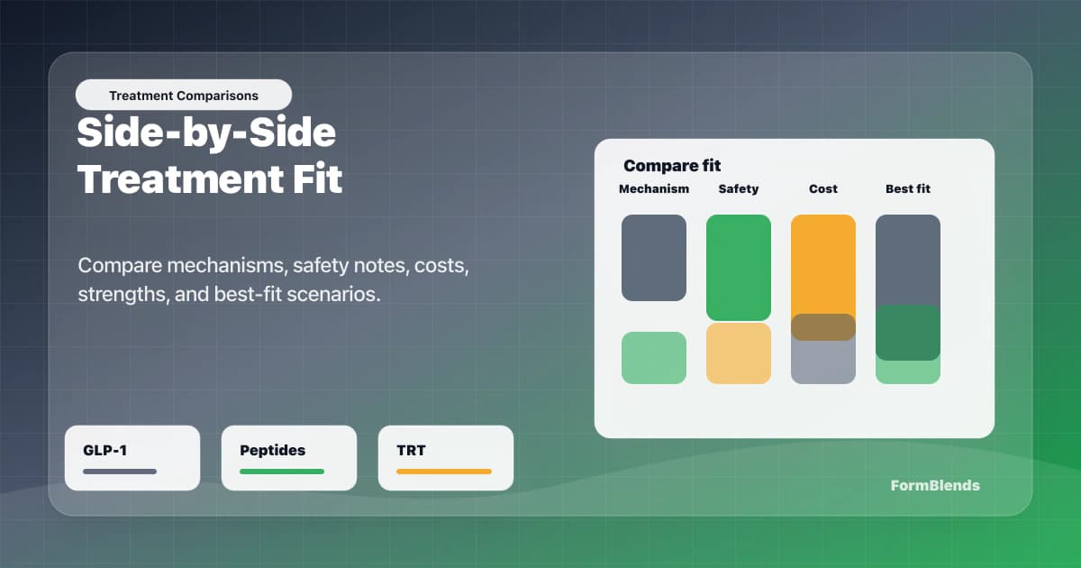 Treatment comparison board for GLP-1 medications and peptides Treatment comparison board showing GLP-1 medications, peptides, TRT, safety, cost, and fit scores side by side