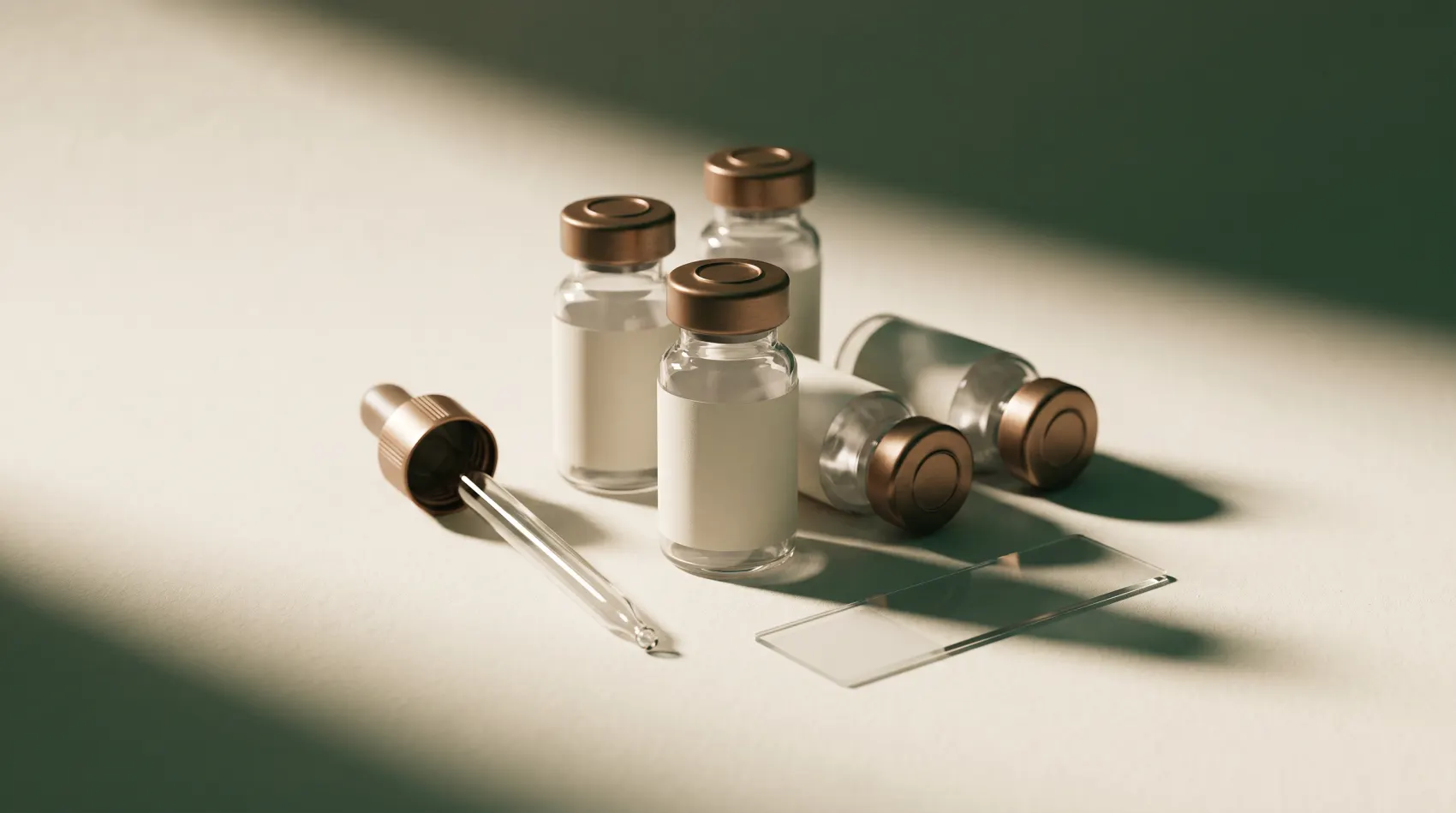 Compounded medication vials with clinical instruments on warm paper
