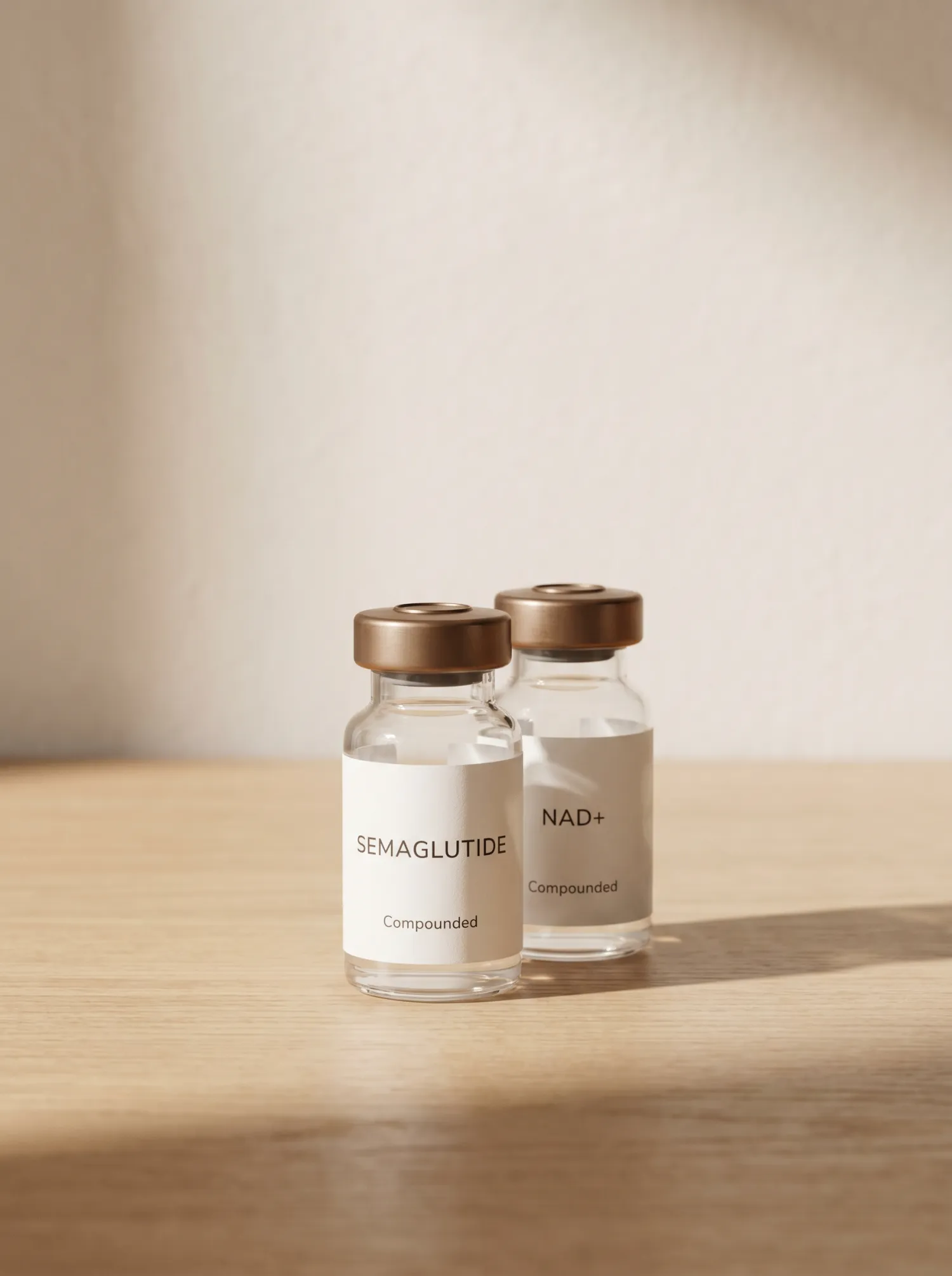 Compounded semaglutide and NAD+ vials on a warm oak surface