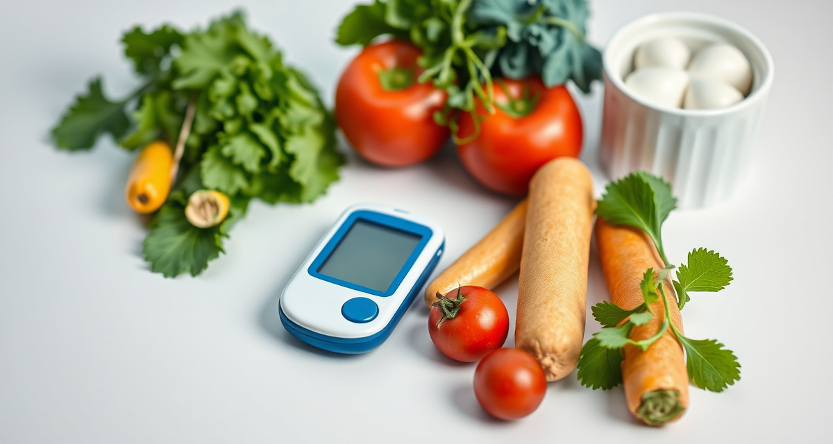 Blood glucose monitor with healthy foods showing GLP-1 impact on insulin resistance