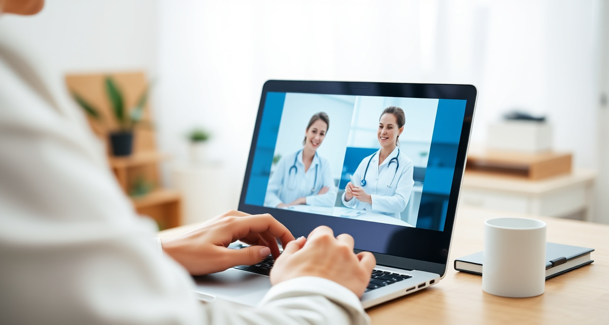 Person in telehealth consultation for GLP-1 prescription on laptop in home office