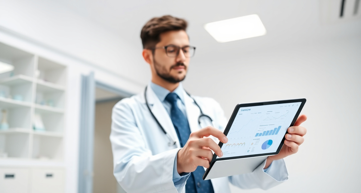 Doctor reviewing GLP-1 clinical safety data on tablet in medical office