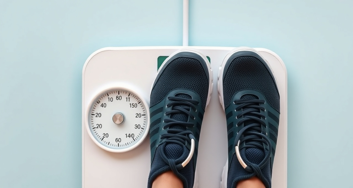 Bathroom scale with running shoes and healthy meal for weight maintenance after semaglutide