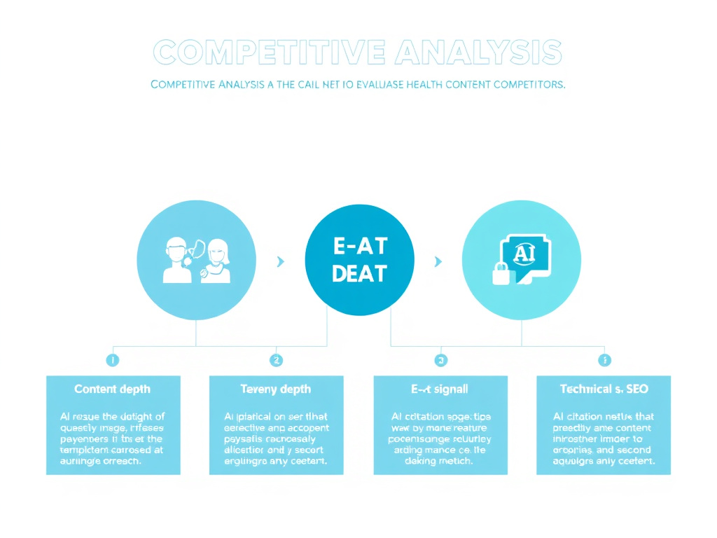 Competitive analysis framework showing how to evaluate health content competitors across content depth, E-E-A-T signals, technical SEO, and AI citation metrics