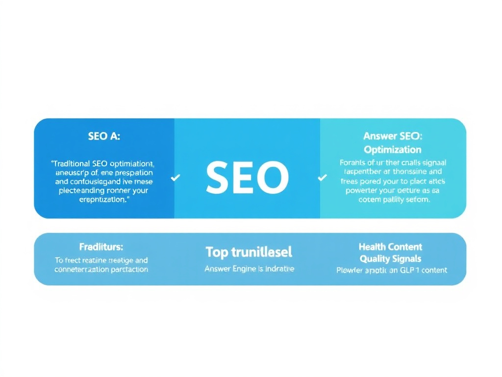 Overview diagram showing the intersection of traditional SEO, Answer Engine Optimization, and health content quality signals for peptide and GLP-1 content