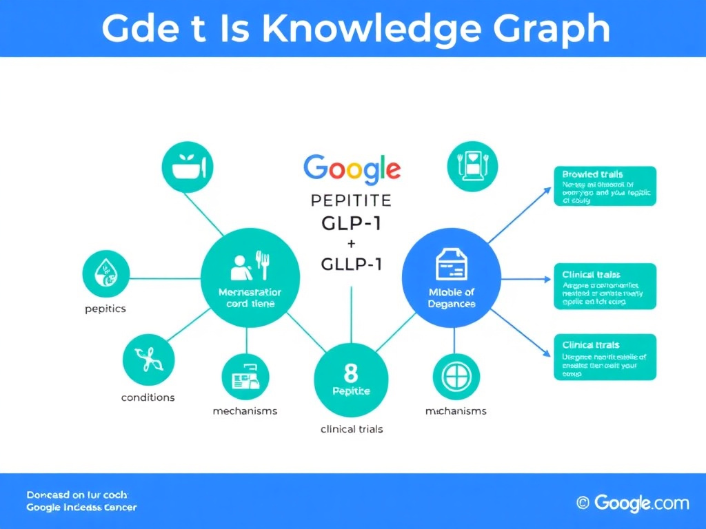 Diagram showing how Google's Knowledge Graph connects peptide and GLP-1 entities including drugs, conditions, mechanisms, and clinical trials
