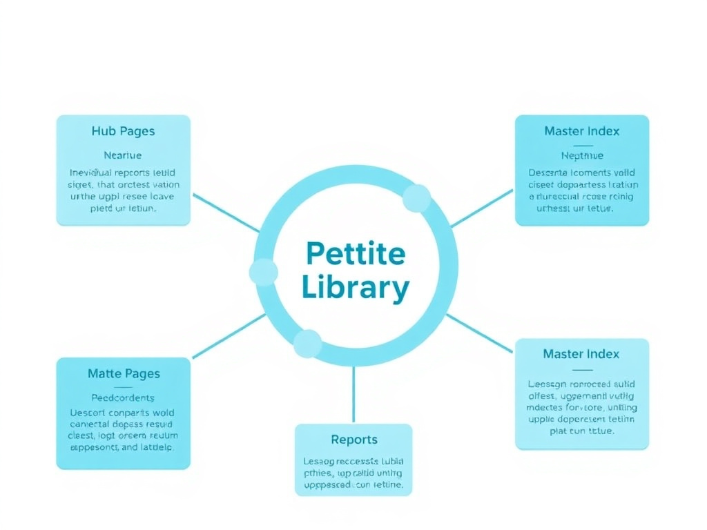 Hub-and-spoke internal linking architecture diagram for a peptide research library showing how hub pages, individual reports, and the master index interconnect