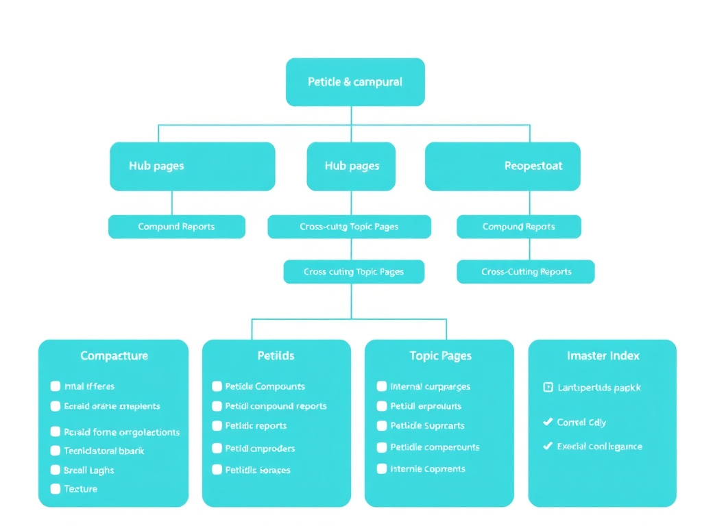 Content architecture diagram for a peptide research library showing hub pages, individual compound reports, cross-cutting topic pages, and master index with internal linking structure