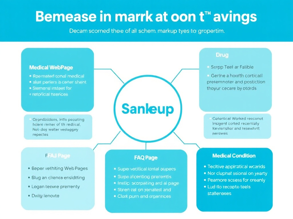 Visual map of schema markup types for medical content showing MedicalWebPage, Drug, FAQPage, MedicalCondition and their properties