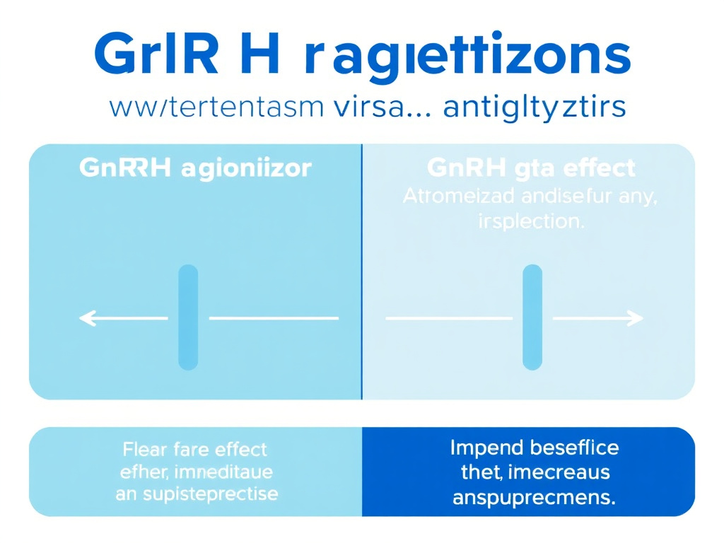 Comparison diagram showing hormonal response patterns for GnRH agonists versus antagonists, illustrating the agonist flare effect versus immediate antagonist suppression