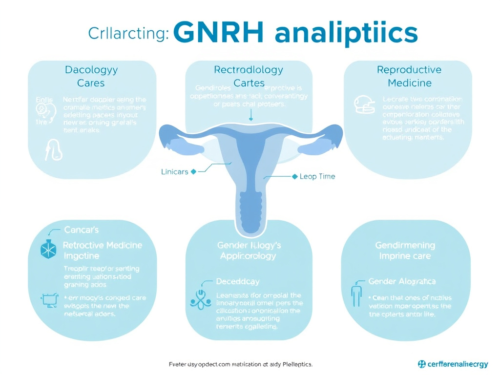 Infographic showing the diverse clinical applications of GnRH analogs across oncology, reproductive medicine, endocrinology, and gender-affirming care