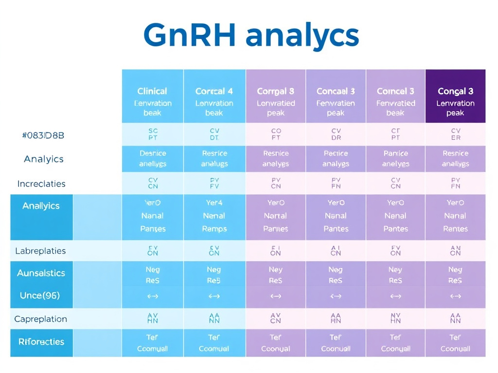 Side-by-side comparison chart of all major GnRH analogs showing key pharmacological and clinical properties
