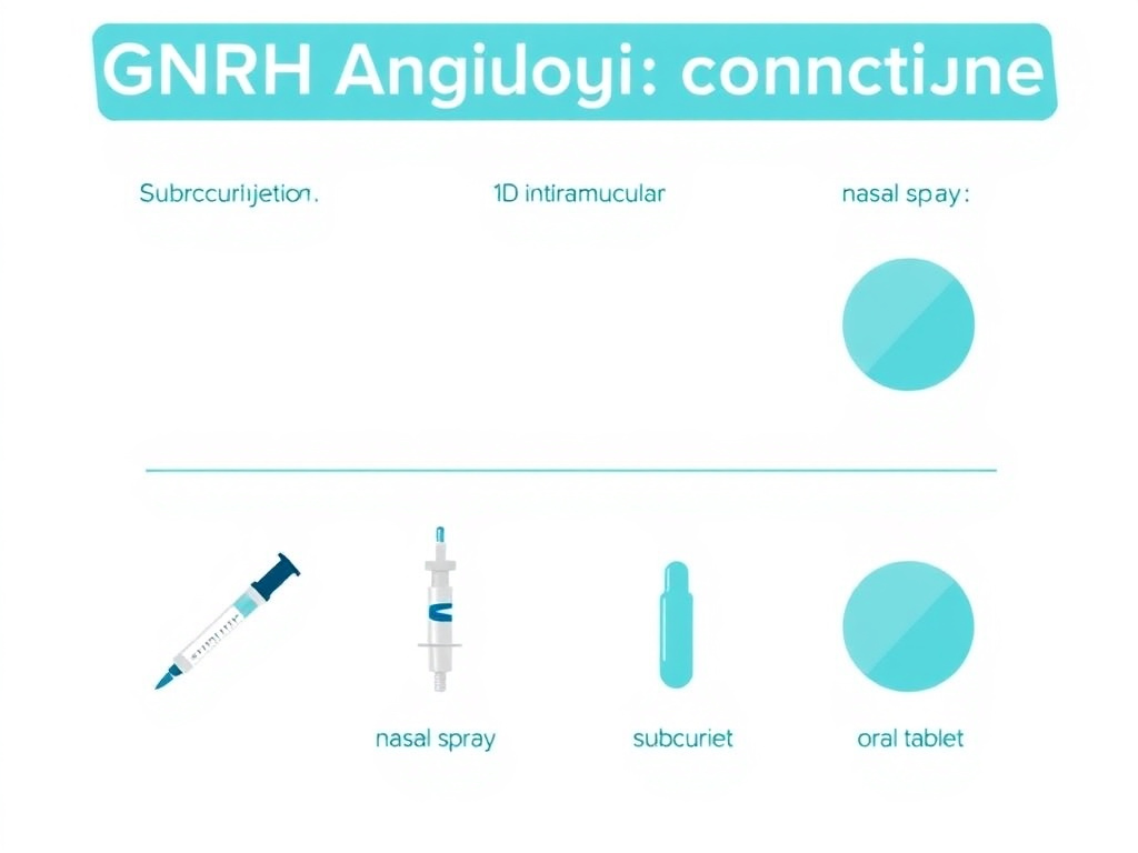 Visual comparison of GnRH analog administration routes including subcutaneous injection, intramuscular depot, nasal spray, subcutaneous implant, and oral tablet