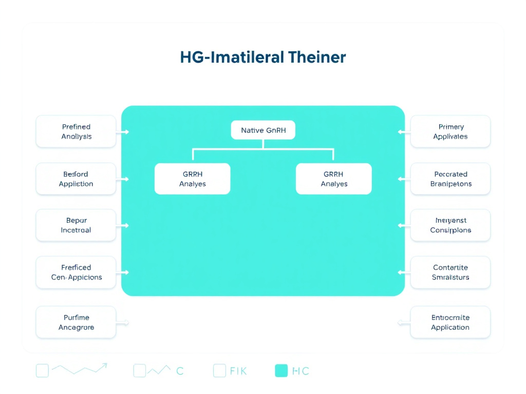 Overview diagram showing the GnRH analog family tree with agonists and antagonists branching from the native GnRH decapeptide, including their primary clinical applications