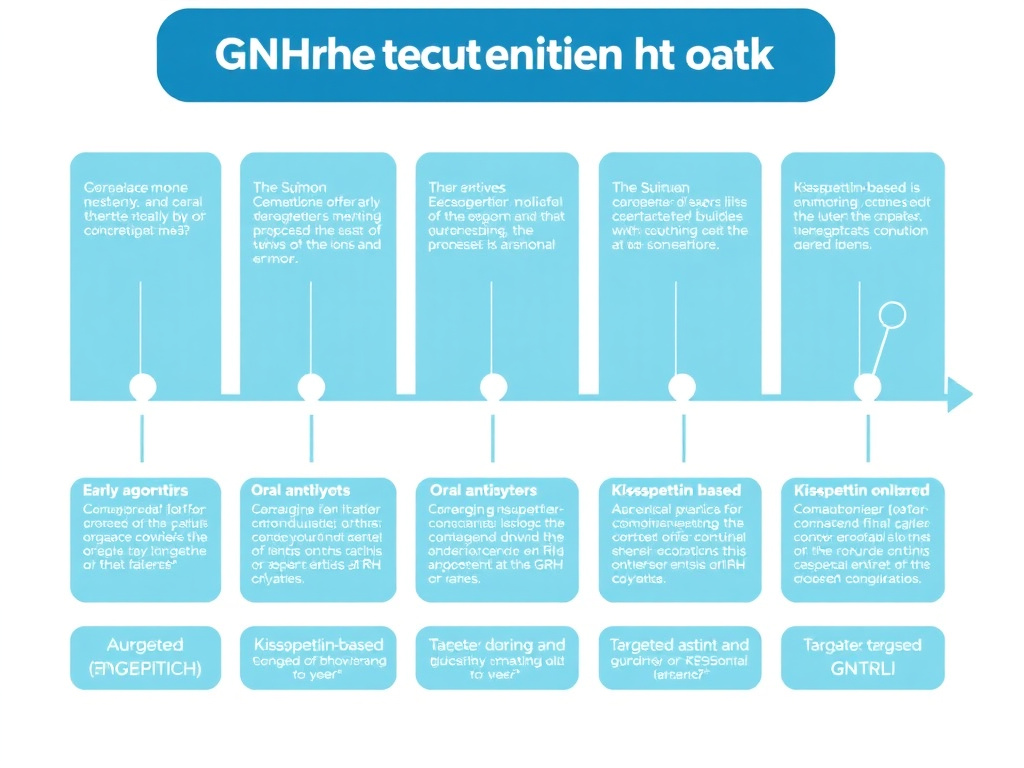 Timeline showing the evolution of GnRH therapeutics from early agonists through current oral antagonists to emerging kisspeptin-based and targeted conjugate approaches