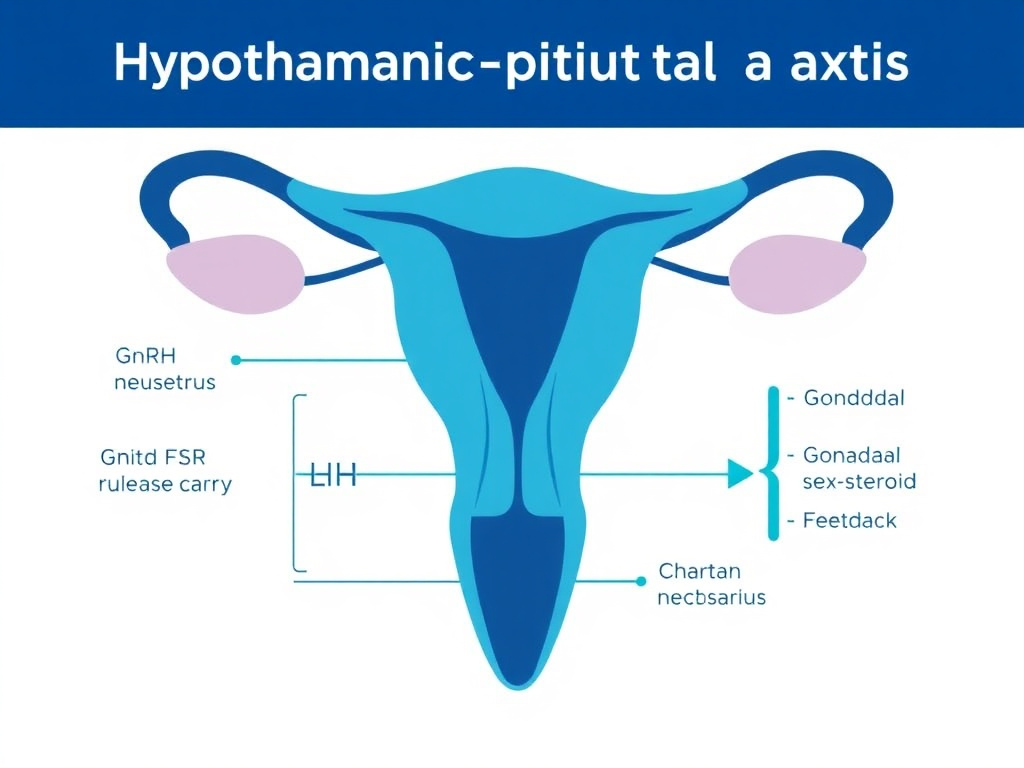 Diagram of the hypothalamic-pituitary-gonadal axis showing GnRH neuron pulsatile release, pituitary LH and FSH secretion, and gonadal sex steroid feedback loops