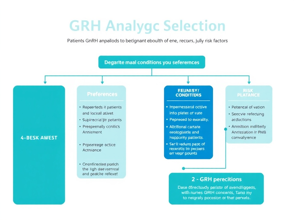 Decision flowchart helping patients and clinicians navigate GnRH analog selection based on condition, preferences, and risk factors