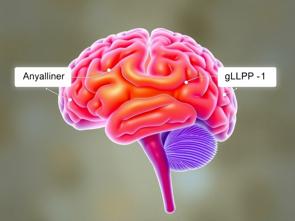 Brain cross-section showing amylin and GLP-1 signaling pathways in hypothalamus and brainstem
