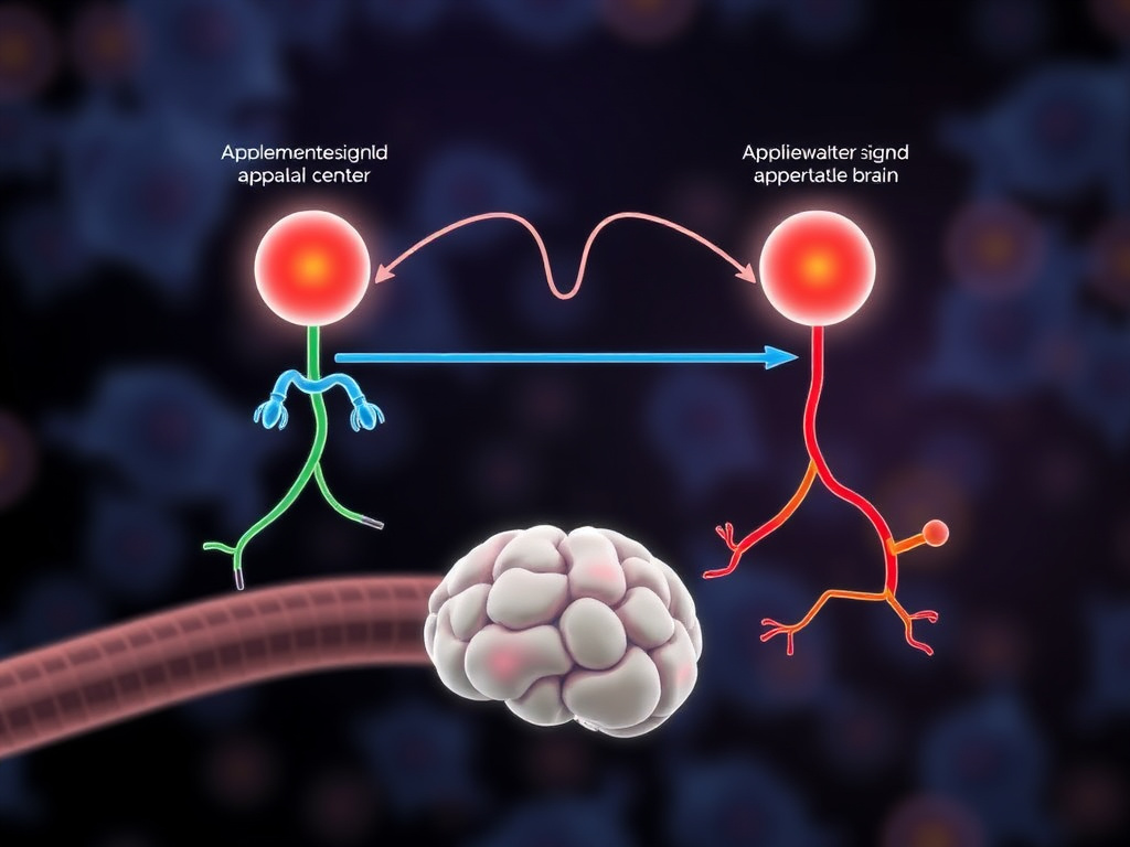 Molecular biology diagram showing receptor signaling pathways converging on appetite centers