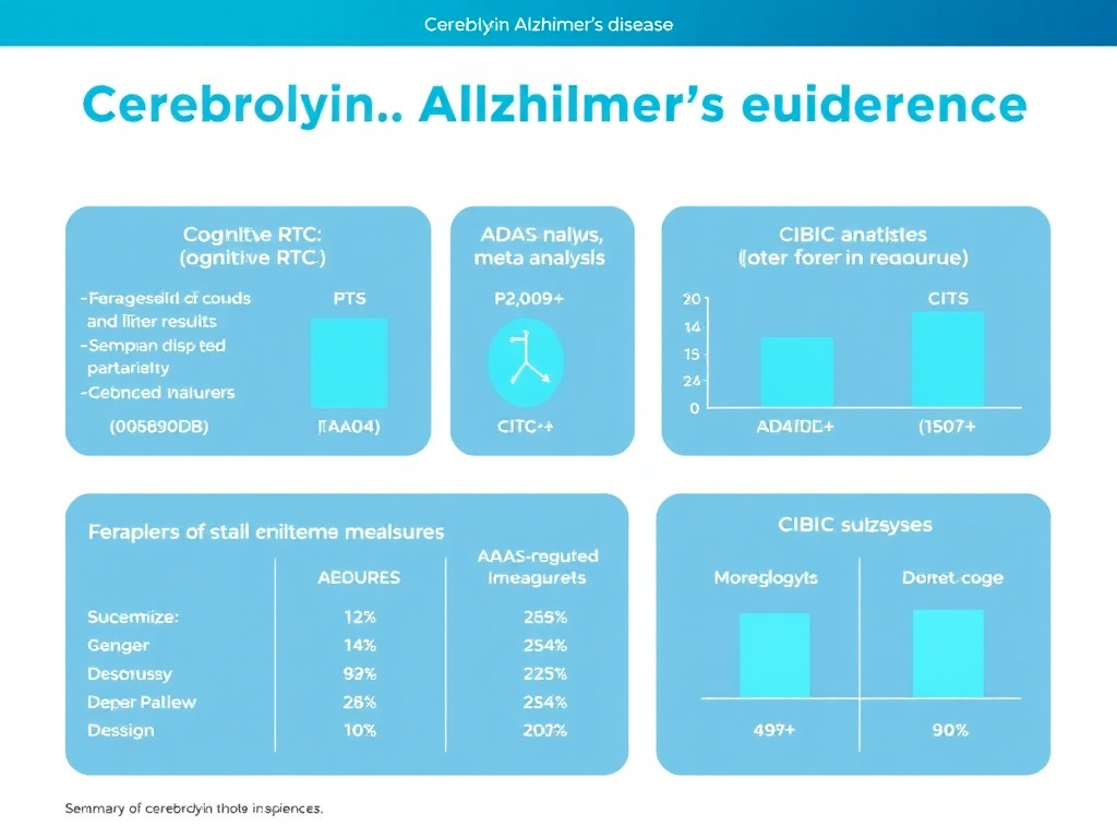 Summary of Cerebrolysin Alzheimer's disease evidence showing cognitive outcomes from multiple RCTs and meta-analysis results for ADAS-cog and CIBIC+ measures