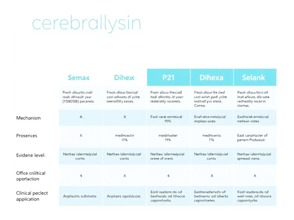 Comparison chart showing Cerebrolysin alongside Semax, Dihexa, P21, and Selank with key differences in mechanism, evidence level, and clinical applications