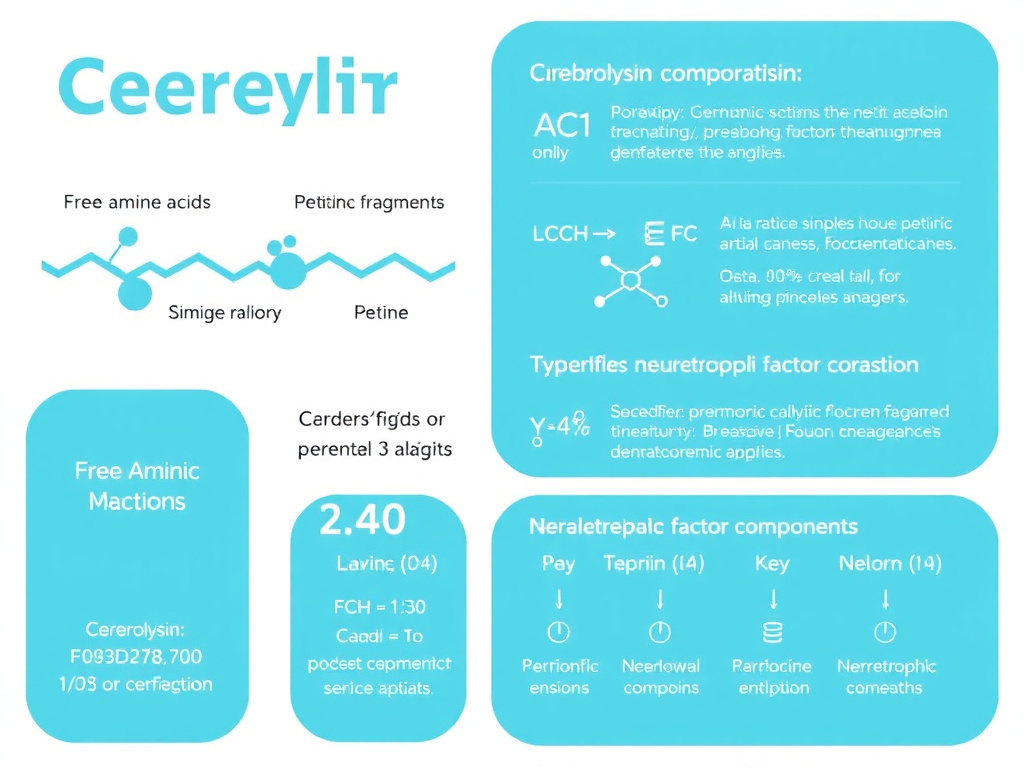 Detailed breakdown of Cerebrolysin composition showing the ratio of free amino acids to peptide fragments and the key neurotrophic factor components identified through proteomic analysis