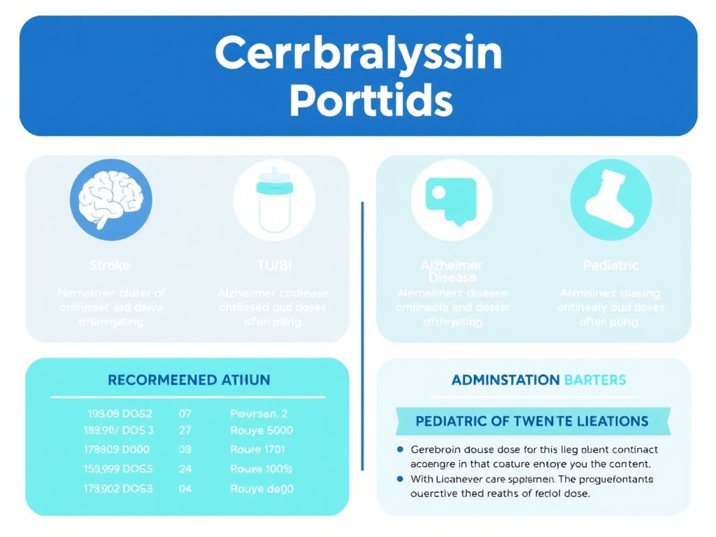Visual guide to Cerebrolysin dosing protocols showing recommended doses for stroke, TBI, Alzheimer's disease, and pediatric applications with administration routes