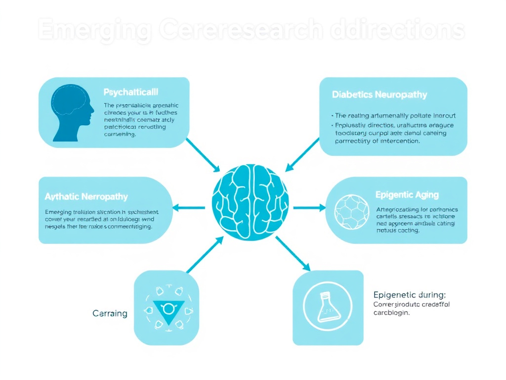 Infographic showing emerging Cerebrolysin research directions including psychiatric applications, CADASIL, diabetic neuropathy, post-COVID sequelae, and epigenetic aging