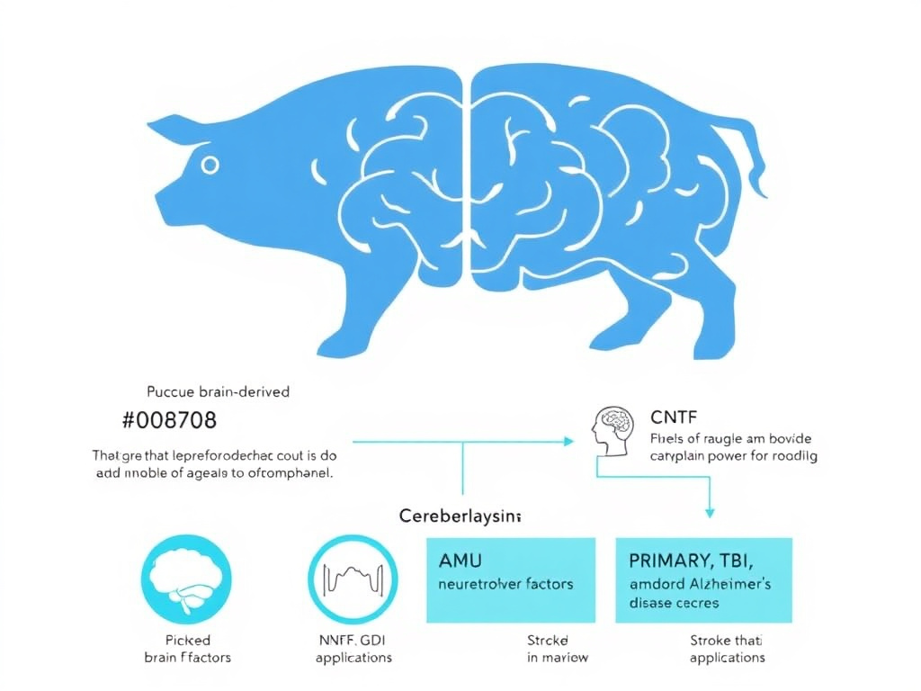 Visual overview of Cerebrolysin showing its porcine brain-derived origins, key neurotrophic factors (BDNF, NGF, GDNF, CNTF), and primary clinical applications in stroke, TBI, and Alzheimer's disease