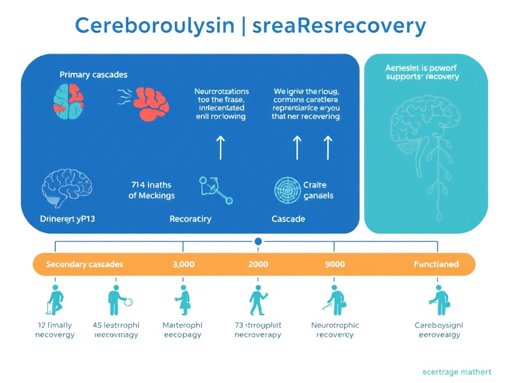 Illustration of Cerebrolysin's role in TBI recovery showing the timeline from primary injury through secondary cascades to neurotrophic support and functional recovery