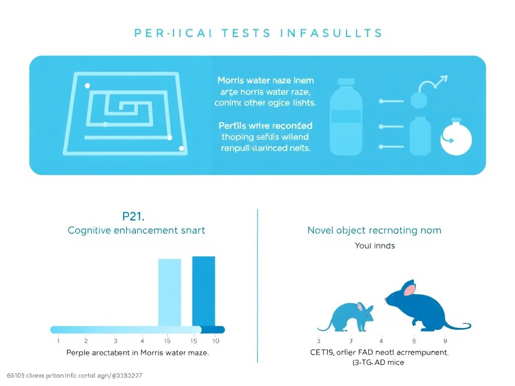 Behavioral test results showing P21 cognitive enhancement in Morris water maze and novel object recognition in 3xTg-AD mice