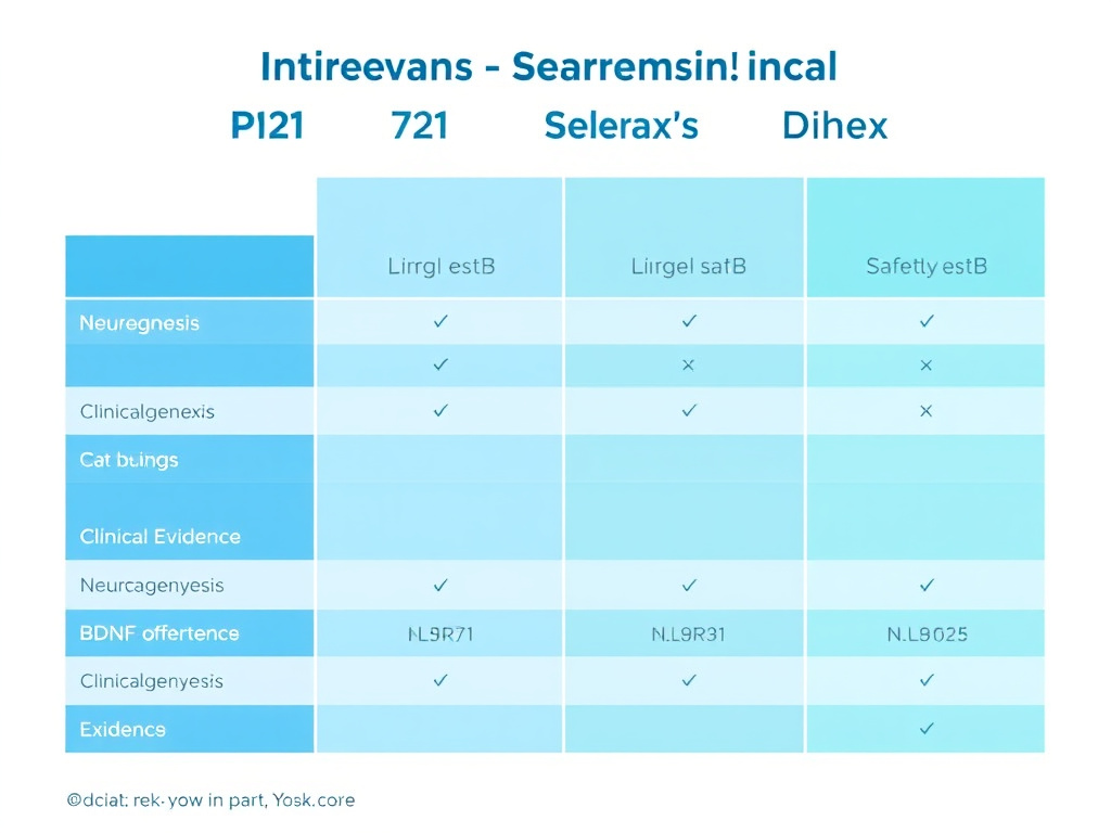 Comparison chart of P21 versus Cerebrolysin Semax and Dihexa showing relative strengths in neurogenesis BDNF safety and clinical evidence