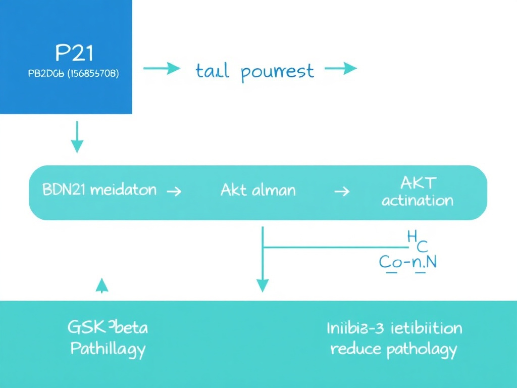 Detailed diagram of GSK-3 beta tau phosphorylation pathway showing how P21 mediated BDNF upregulation leads to Akt activation and GSK-3 beta inhibition reducing tau pathology