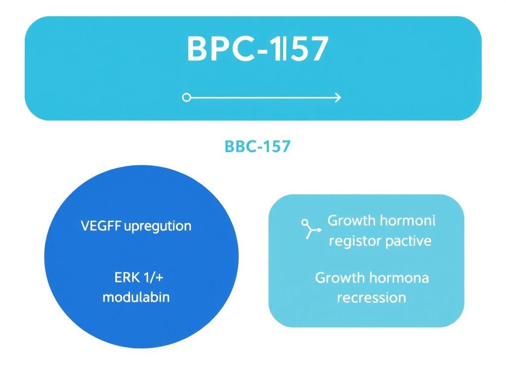 Diagram illustrating BPC-157 mechanisms of action including VEGF upregulation, nitric oxide modulation, ERK1/2 signaling, and growth hormone receptor expression in tissue repair