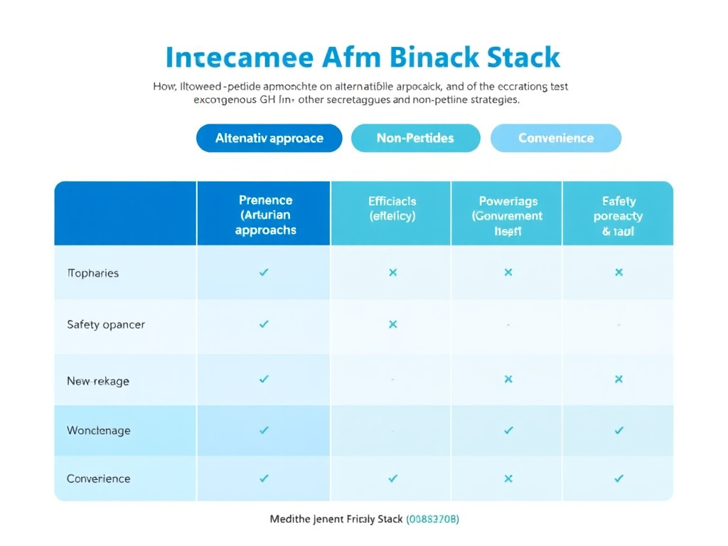 Comparison chart showing how the three-peptide anti-aging stack compares to alternative approaches including exogenous GH, other secretagogues, and non-peptide strategies across efficacy, safety, cost, and convenience dimensions
