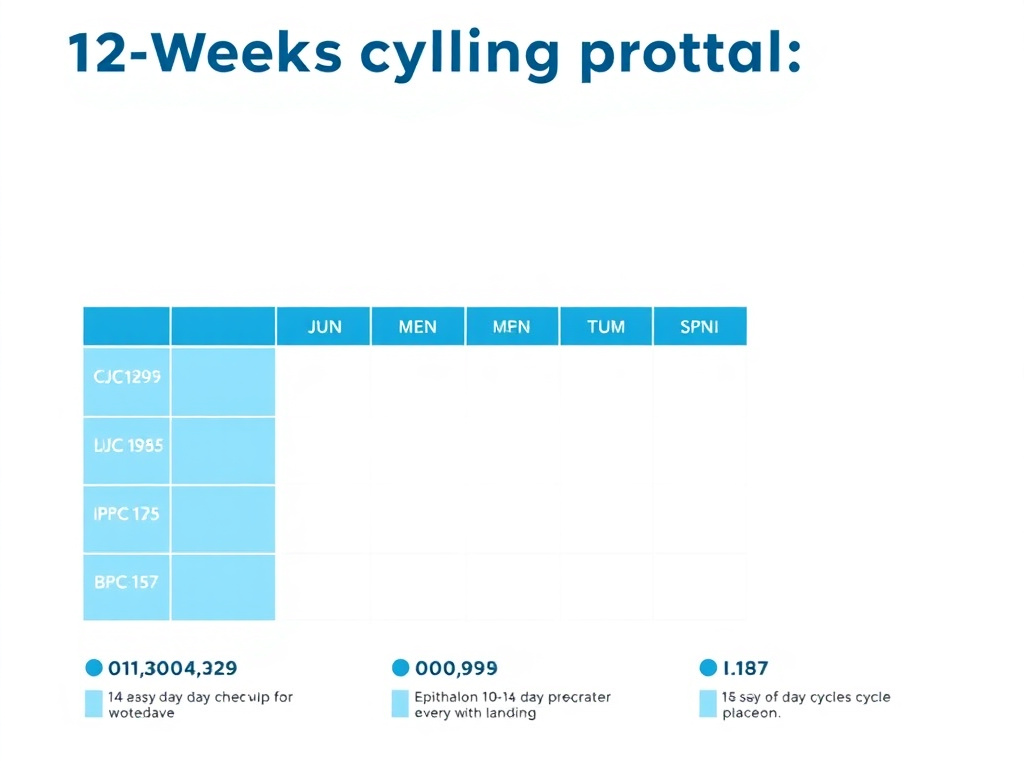 Visual calendar showing the 12-week cycling protocol with CJC-1295/Ipamorelin daily schedule, BPC-157 daily dosing, and Epithalon 10-14 day cycle placement