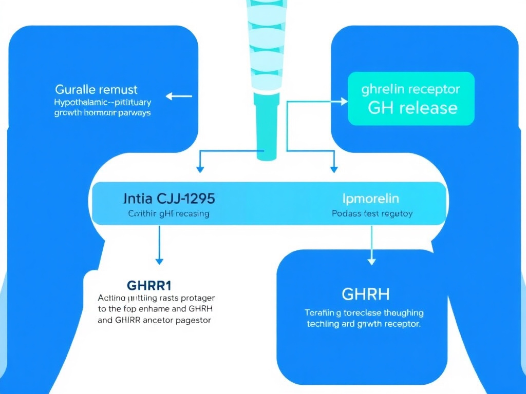 Diagram of the hypothalamic-pituitary growth hormone axis showing where CJC-1295 and Ipamorelin act to enhance GH release through GHRH and ghrelin receptor pathways