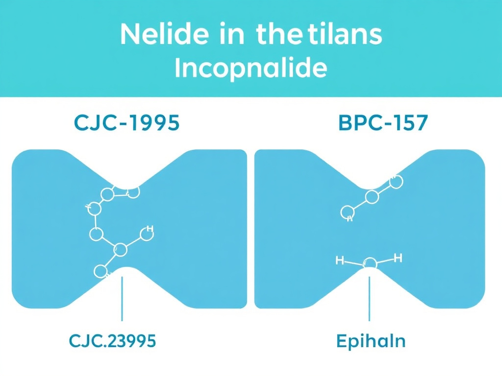 Molecular structures of CJC-1295, Ipamorelin, BPC-157, and Epithalon peptides with amino acid sequences highlighted