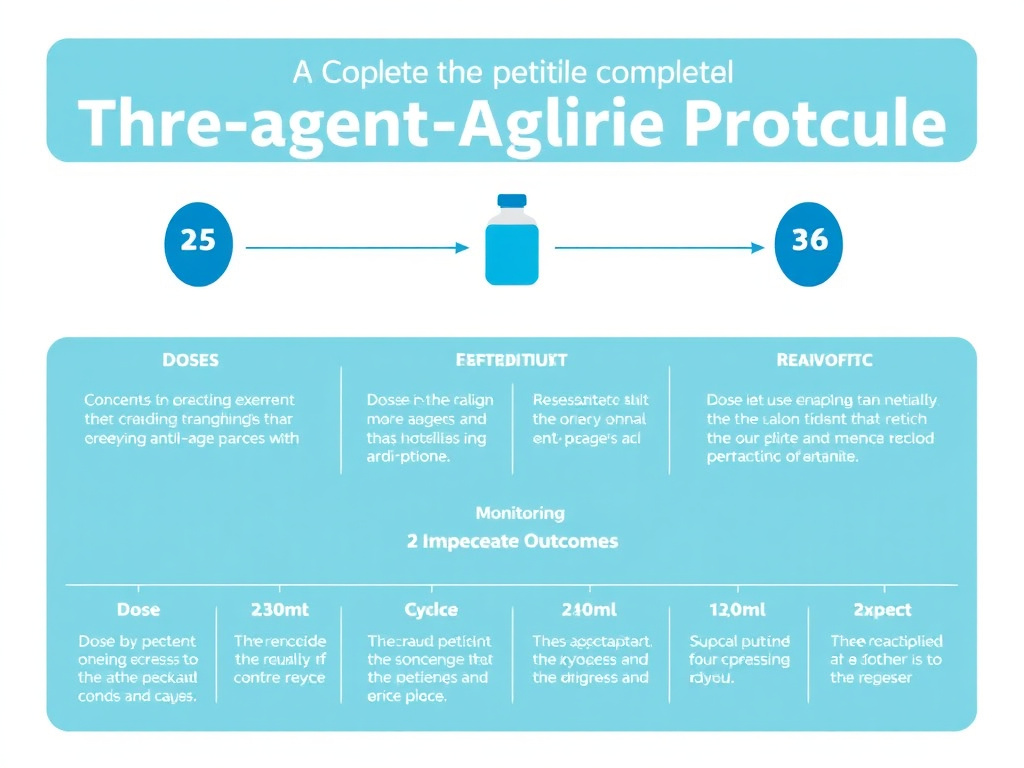 Visual summary of the complete three-peptide anti-aging protocol showing dosing, timing, cycling, monitoring, and expected outcomes