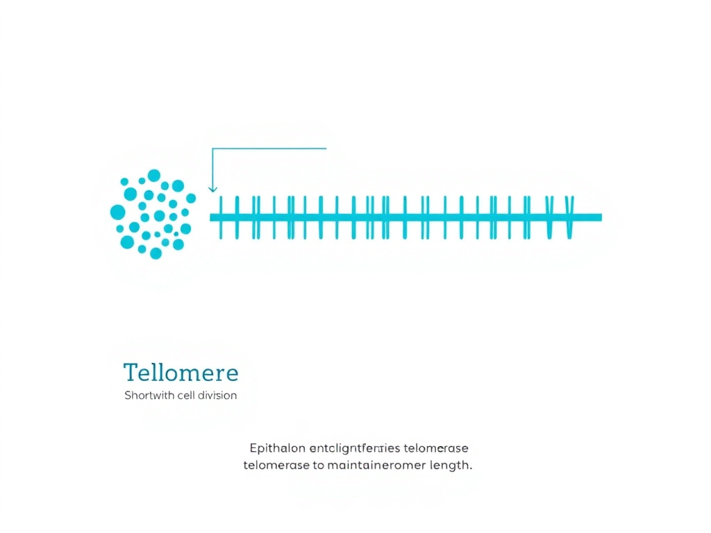 Illustration showing telomere structure, shortening with cell division, and how Epithalon activates telomerase to maintain telomere length