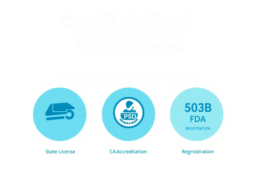 Hierarchy of quality credentials for compounding pharmacies from basic state licensure through PCAB accreditation and 503B FDA registration
