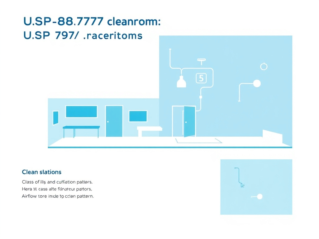Diagram showing a typical USP 797 compliant cleanroom layout with ISO Class 5, 7, and 8 areas, HEPA filtration, and airflow patterns